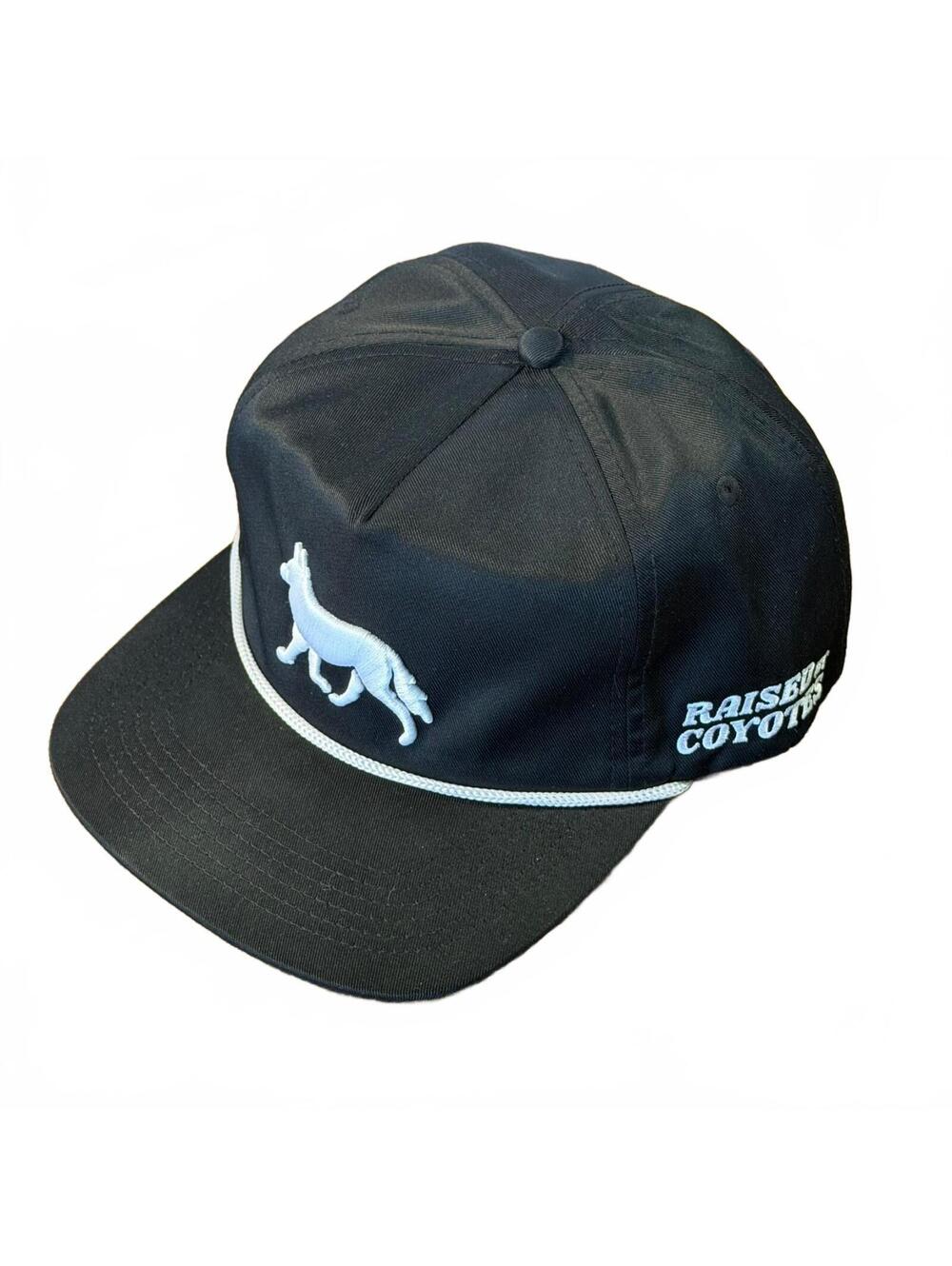 Raised by Coyotes Snapback Hat Black White Rope Cap Coyote Embroidery